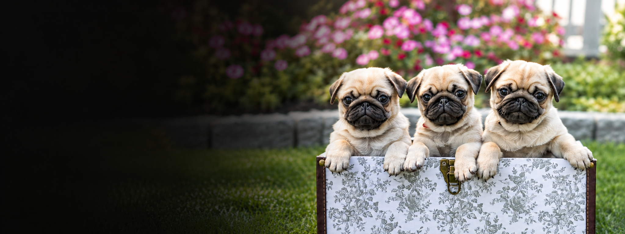 Three WindShire Kennel Pug puppies together outdoors.