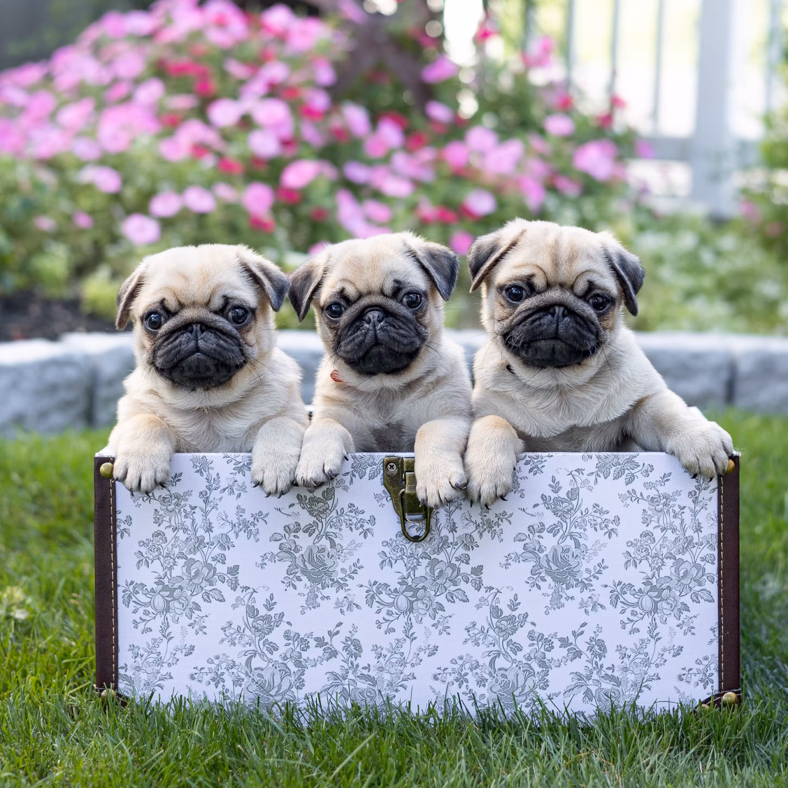 Three WindShire Kennel Pug puppies together outdoors.