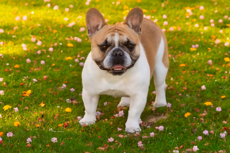 Maybelle, a WindShire Kennel French Bulldog, standing in grass
